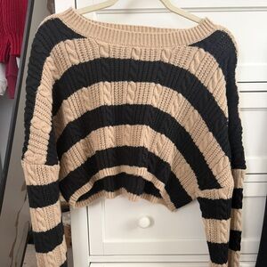 Altar'd State Cropped Cable-Knit Scoop Sweater in Black and Tan